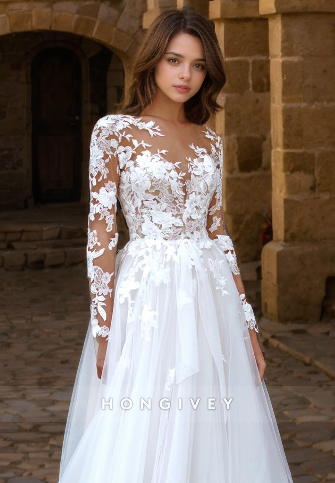 Elegant & Luxurious Tulle Aline Long Sleeve Lace Applique Wedding Dress