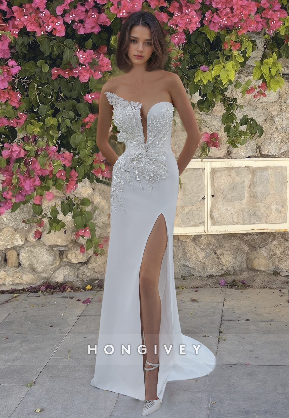 Sexy Satin Fitted Asymmetrical Strapless Empire Sequined With Side Slit Train Beach Wedding Dress