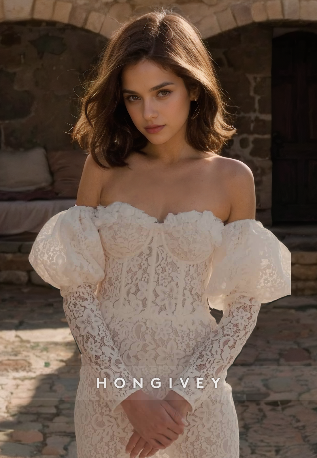 Sexy Lace Strapless Sweetheart Long Sleeve Illusion Cutout Wedding Dress