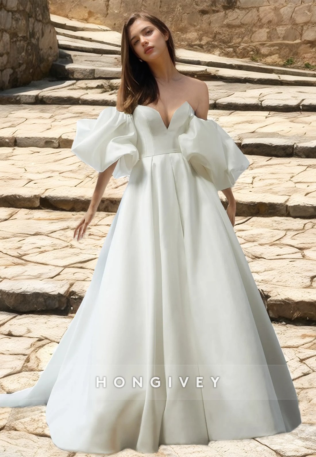 H Couture Plunging Illusion Puff Sleeves Open Back With Train Long Wedding Dress