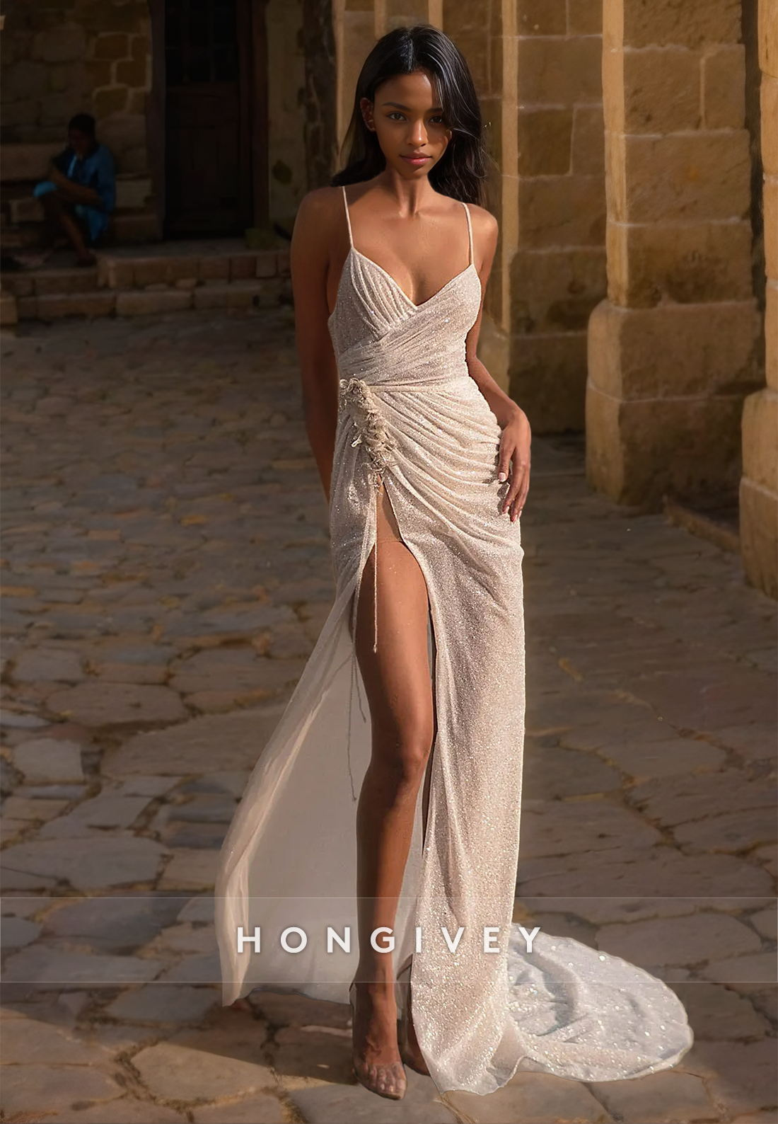 H Sparkly Illusion With Train And High Slit Long Wedding Dress