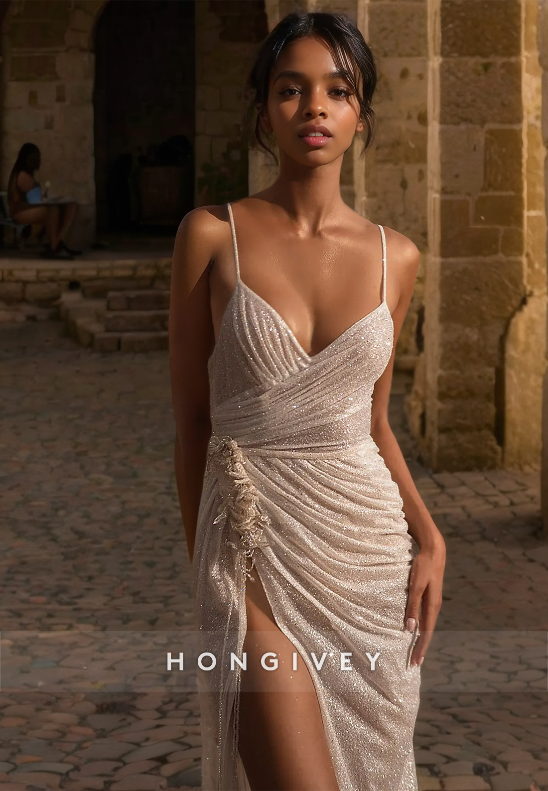 H Sparkly Illusion With Train And High Slit Long Wedding Dress