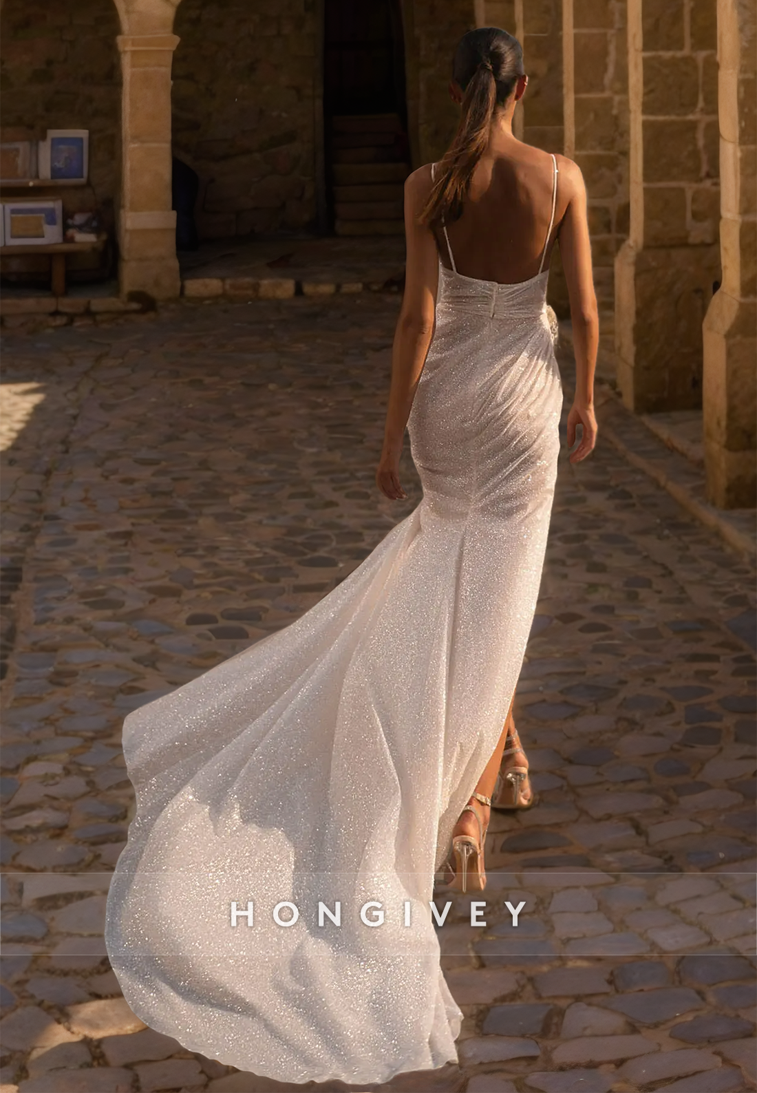 H Sparkly Illusion With Train And High Slit Long Wedding Dress