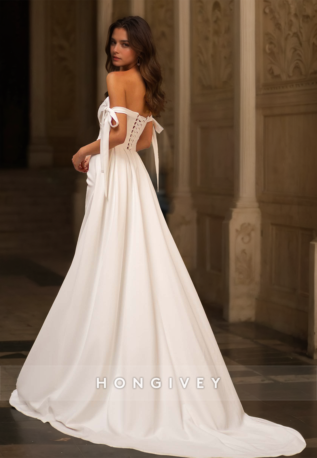 H Simple Laceup Back Rucheed Bow Detail With Train And Slit Long Wedding Dress