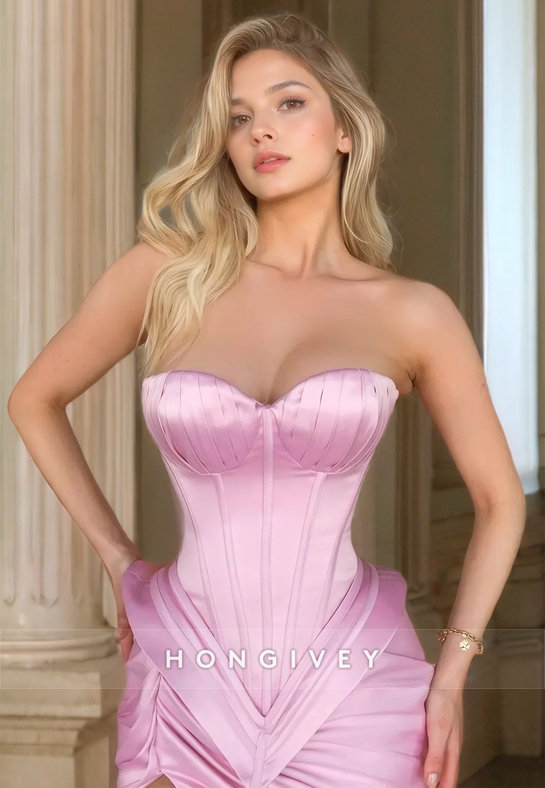 L Sexy High Slit With Corset And Sweep Train Pink Evening Prom Party Dress