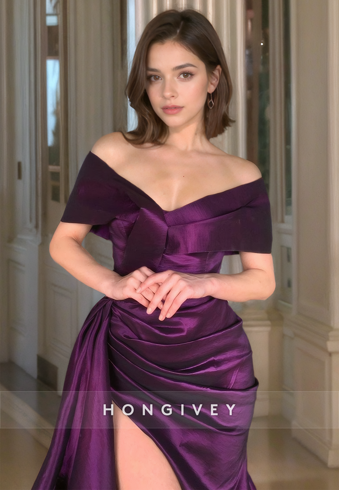 L High Slit With Sweep Train Ruched Satin Offshoulder Vneck Evening Prom Party Dress