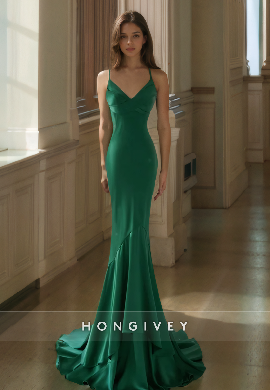 Backless Straps Mermaid Evening Dress Solid Green Simple Prom Dresses