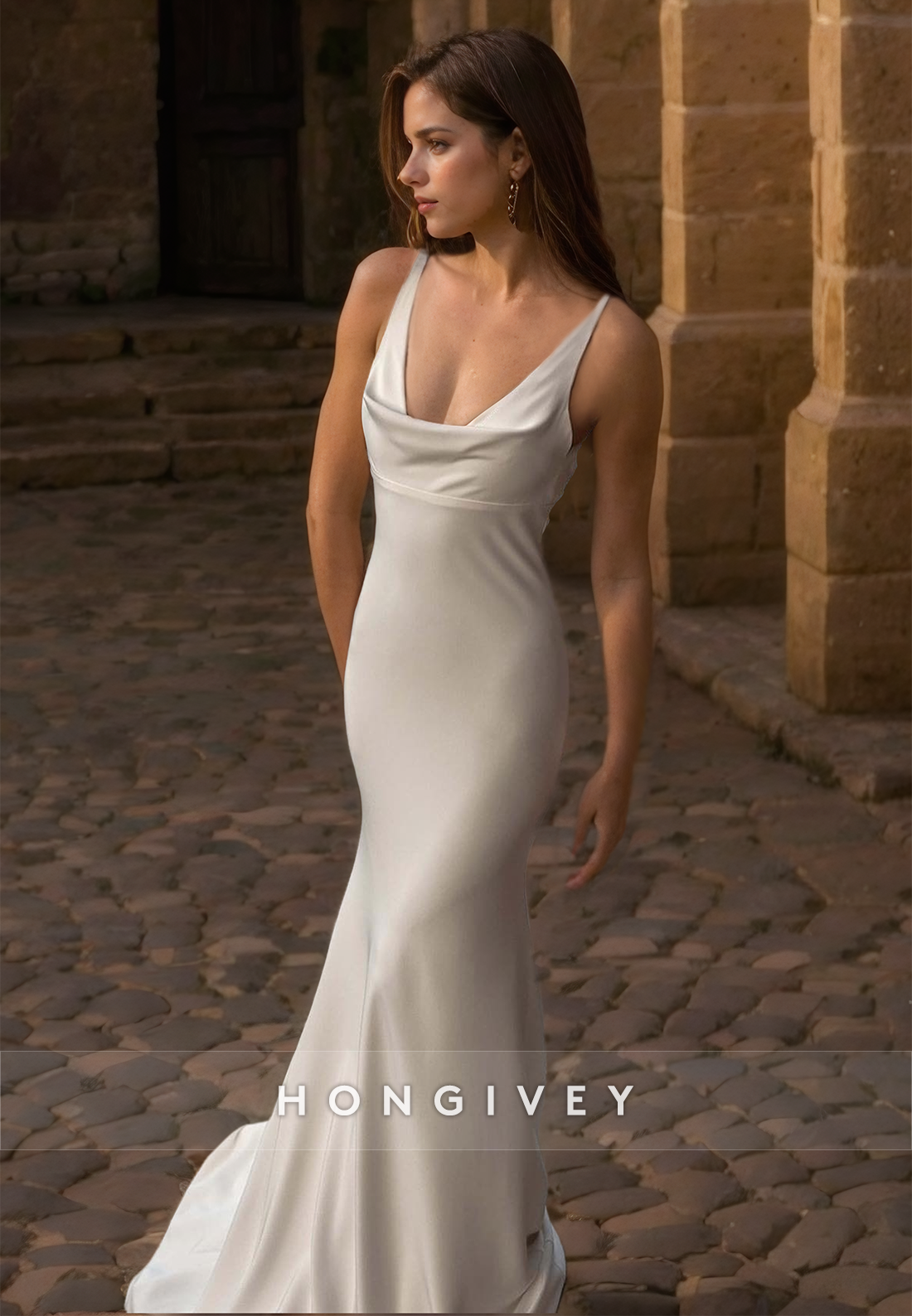 Straps Scoop Mermaid Beach Wedding Dress Simple Sleeveless Satin Bride Gown