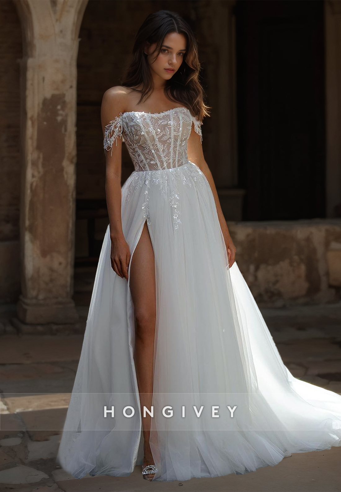 Stunning Tulle Wedding Dress Side Slit Aline Offshoulder Bride Gown