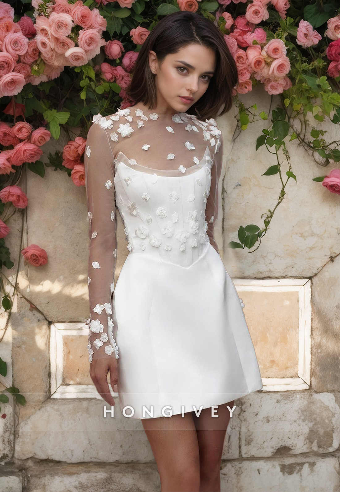 Short Wedding Dress Long Sleeves Lace Applique Beach Bride Mini Skirt