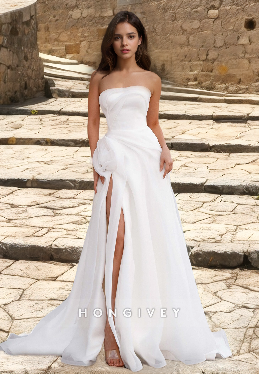 Simple Organza Tulle Strapless Sleeveless Aline Wedding Dress With Side Slit