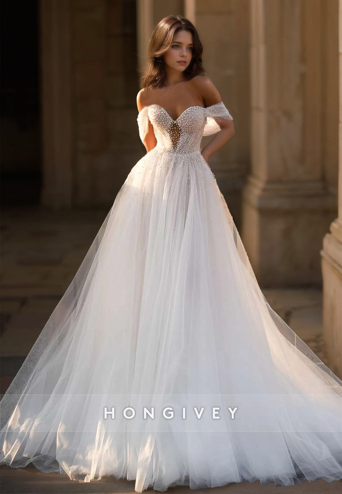 Classic Tulle Offshoulder Aline Backless Wedding Dress With Train