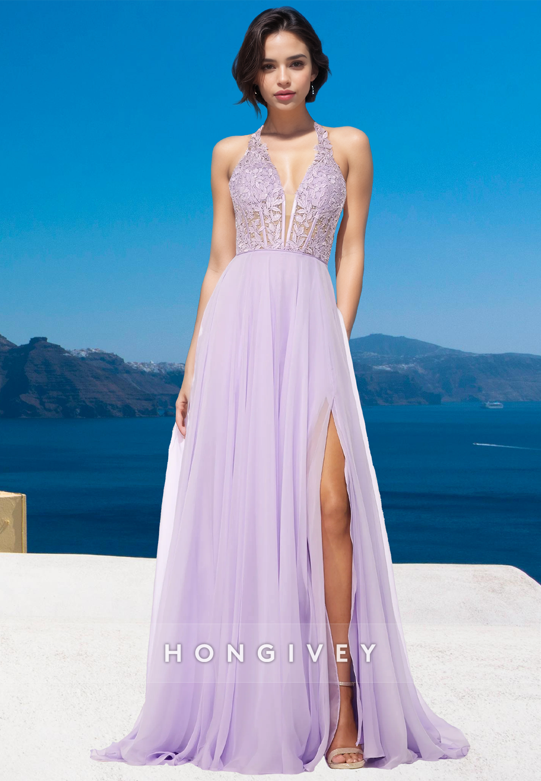 Lilac Lace Applique Tulle Aline Straps Prom Dress Evening Dress Formal Party Dress