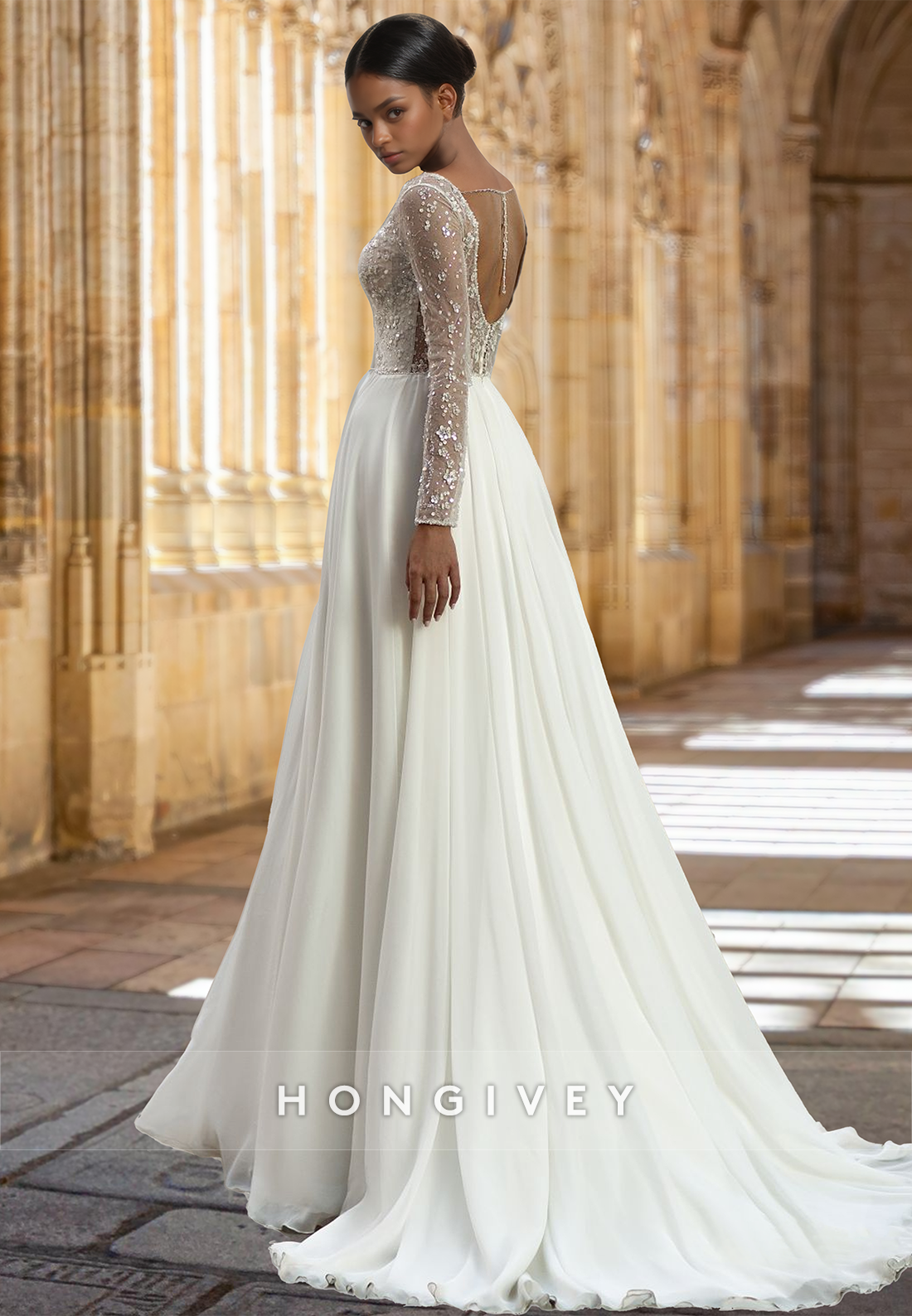 Floral Applique Vneck Long Sleeves Tulle Floorlength With Train Wedding Dress