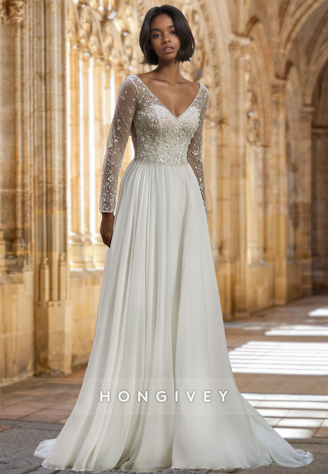 Floral Applique Vneck Long Sleeves Tulle Floorlength With Train Wedding Dress