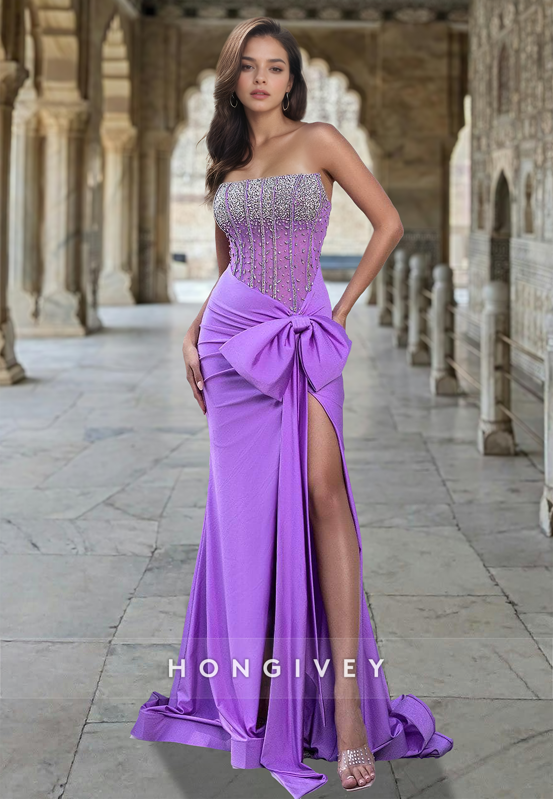 Purple Glitter Strapless Applique With Bow Side Slit Formal Evening Dress Gown