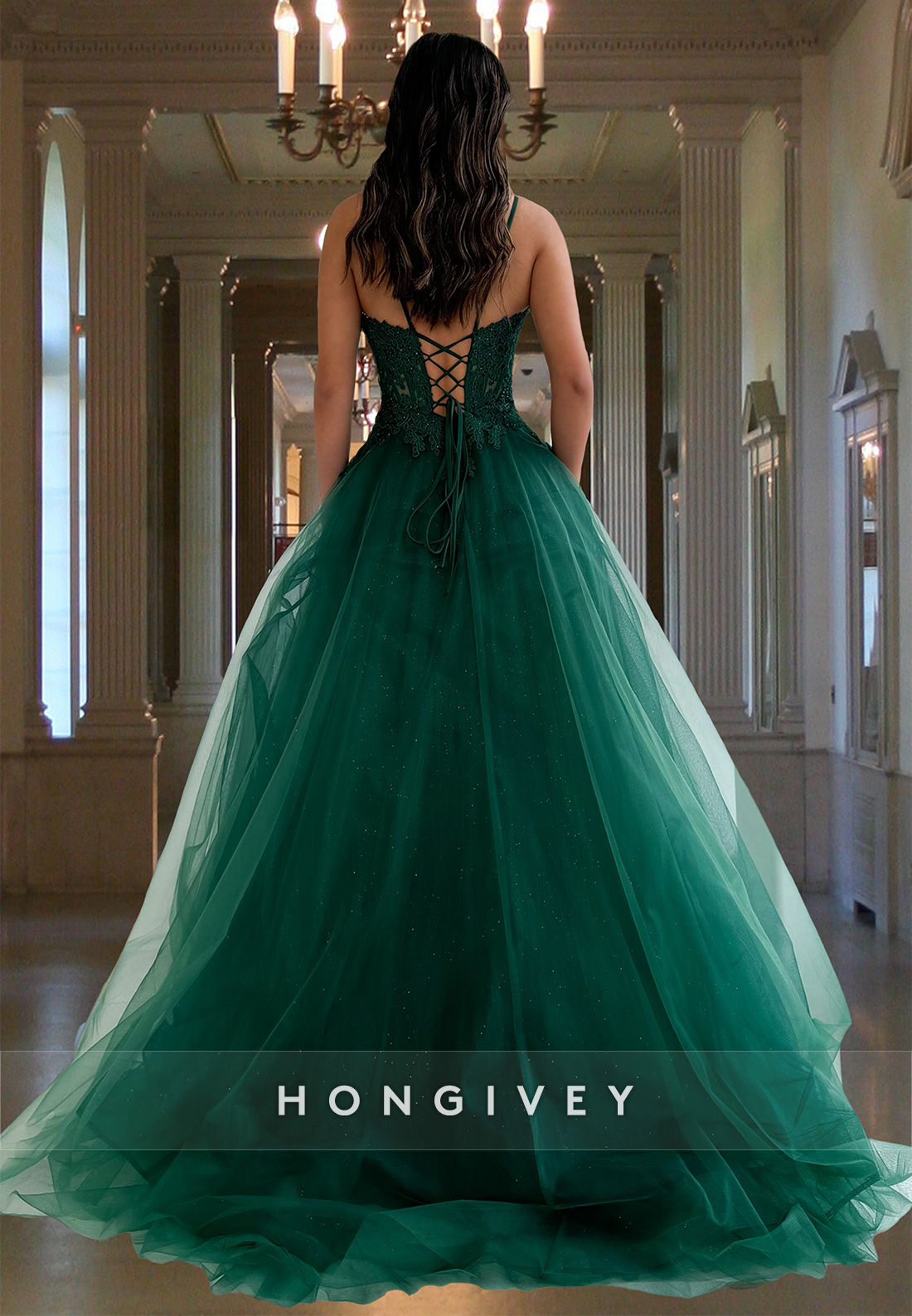 Straps Applique Beaded Dark Green Tulle Prom Dress Ball Gown