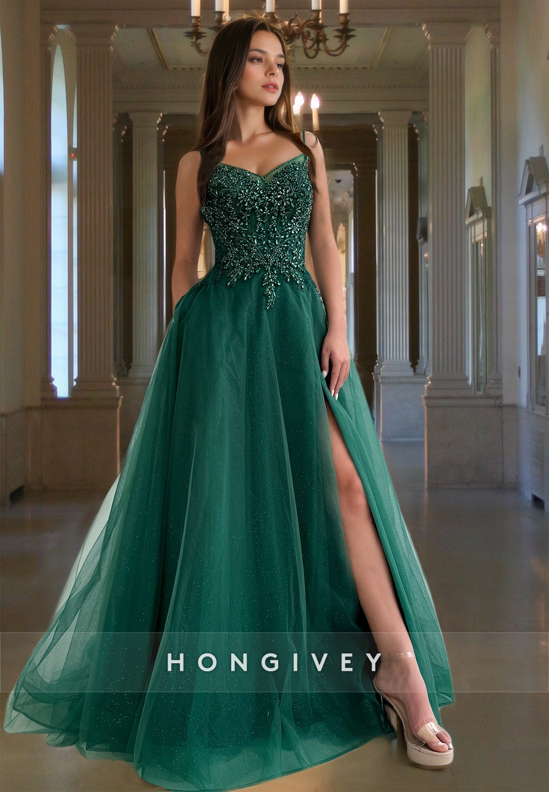 Straps Applique Beaded Dark Green Tulle Prom Dress Ball Gown