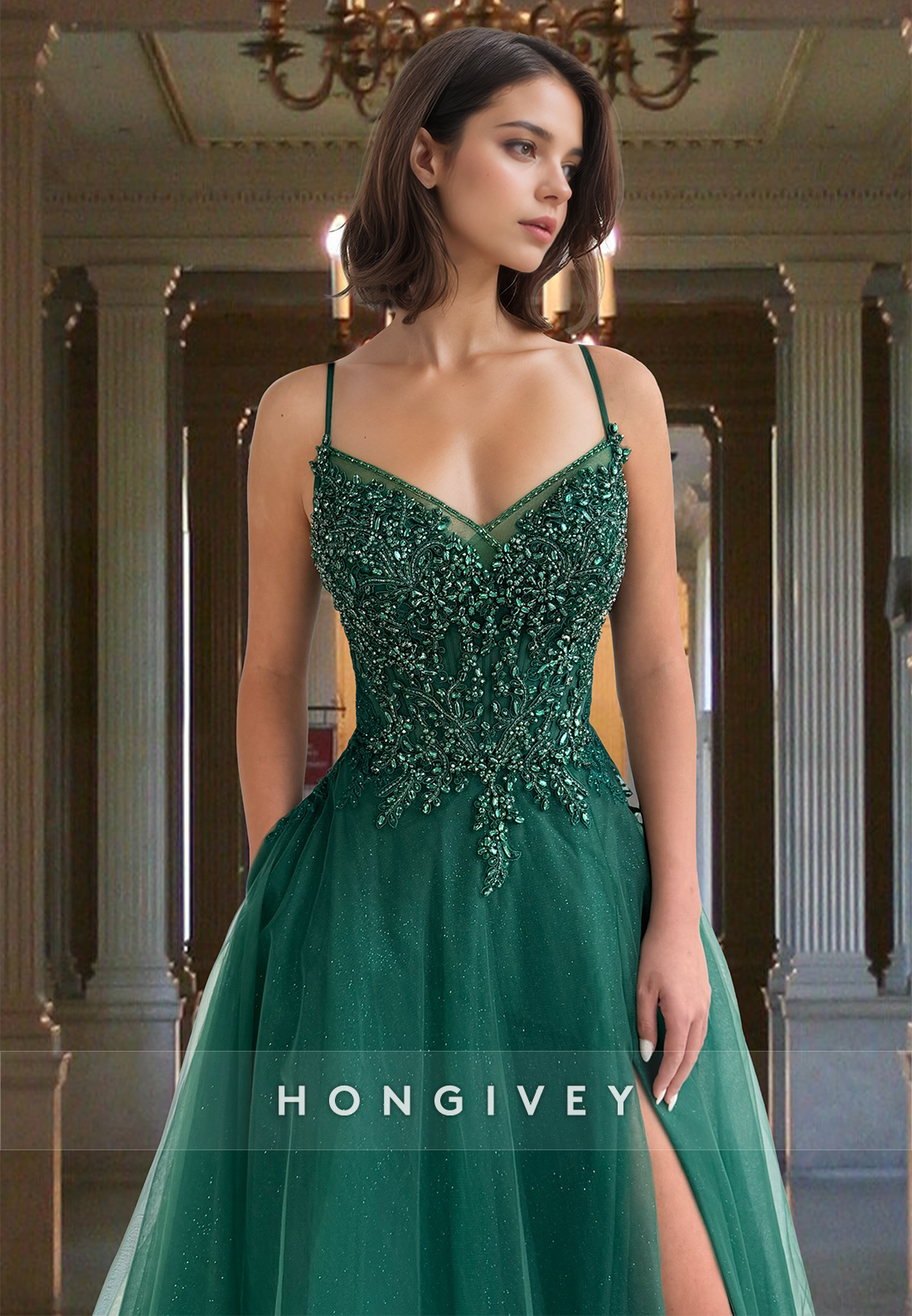 Straps Applique Beaded Dark Green Tulle Prom Dress Ball Gown