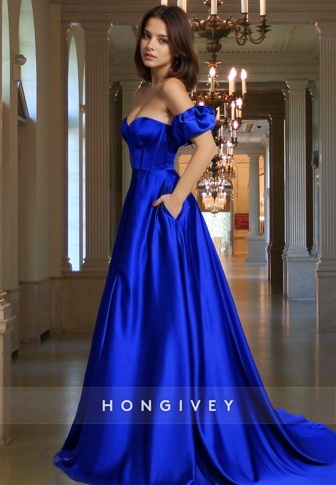 Offshoulder Aline With Slit Royal Blue Evening Dress Prom Gown Ball Gown