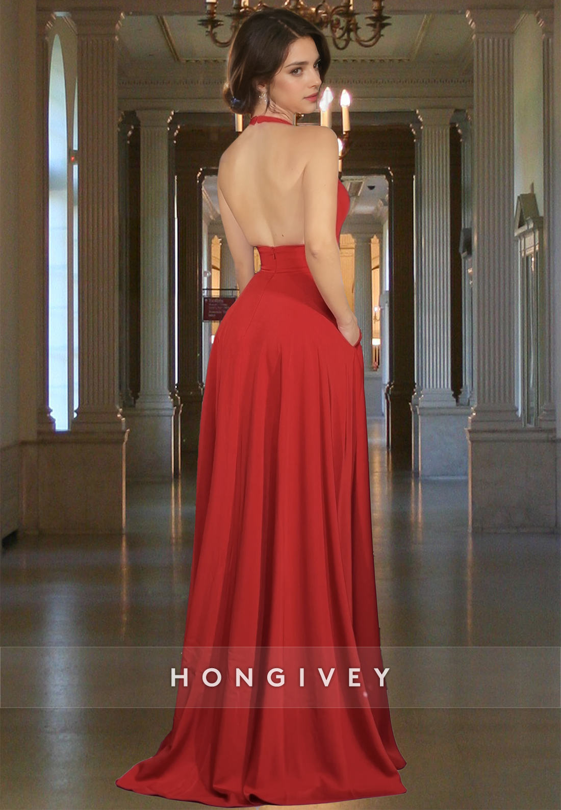 Sexy Red Vneck High Slit Backless Evening Dress Formal Party Gown