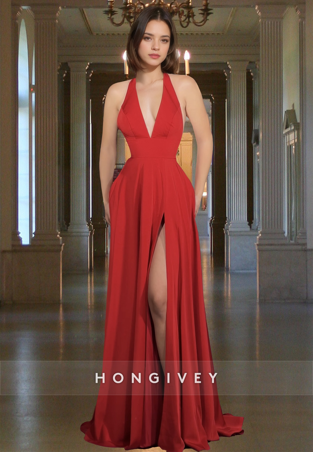 Sexy Red Vneck High Slit Backless Evening Dress Formal Party Gown