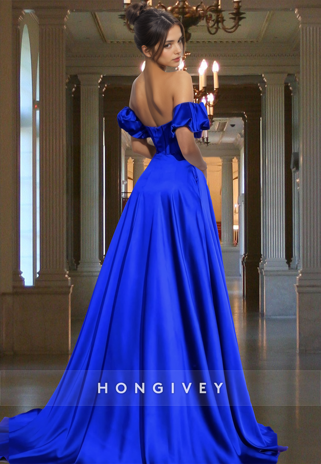 Offshoulder Aline With Slit Royal Blue Evening Dress Prom Gown Ball Gown