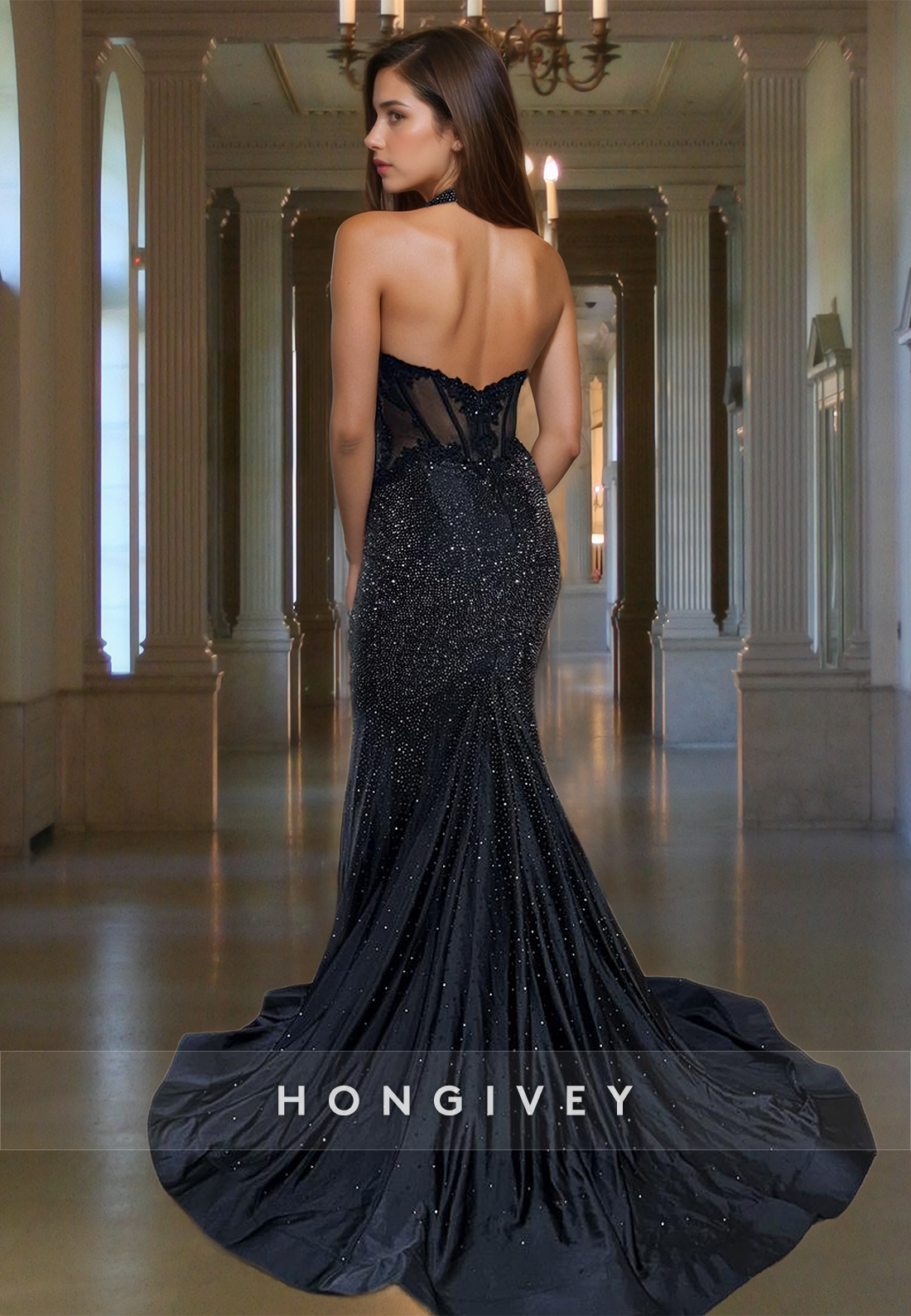 Sexy Black Vneck Stunning Trumpet With Train Evening Dress Formal Gown