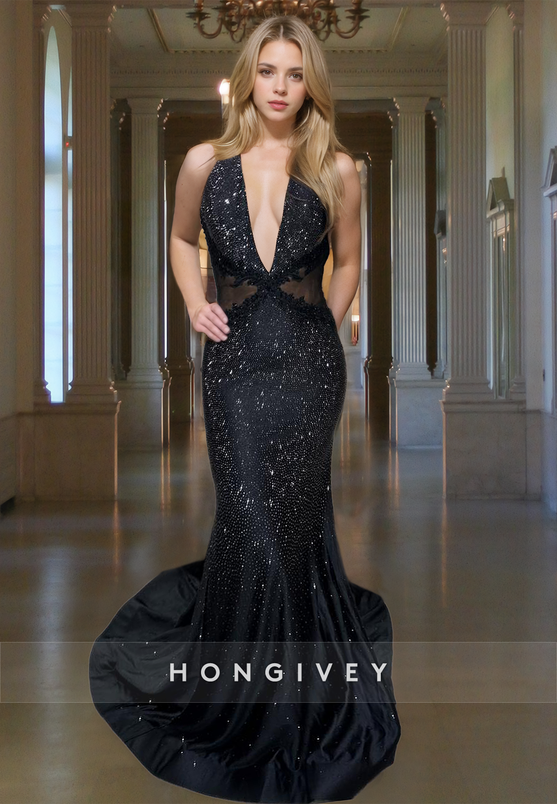 Sexy Black Vneck Stunning Trumpet With Train Evening Dress Formal Gown