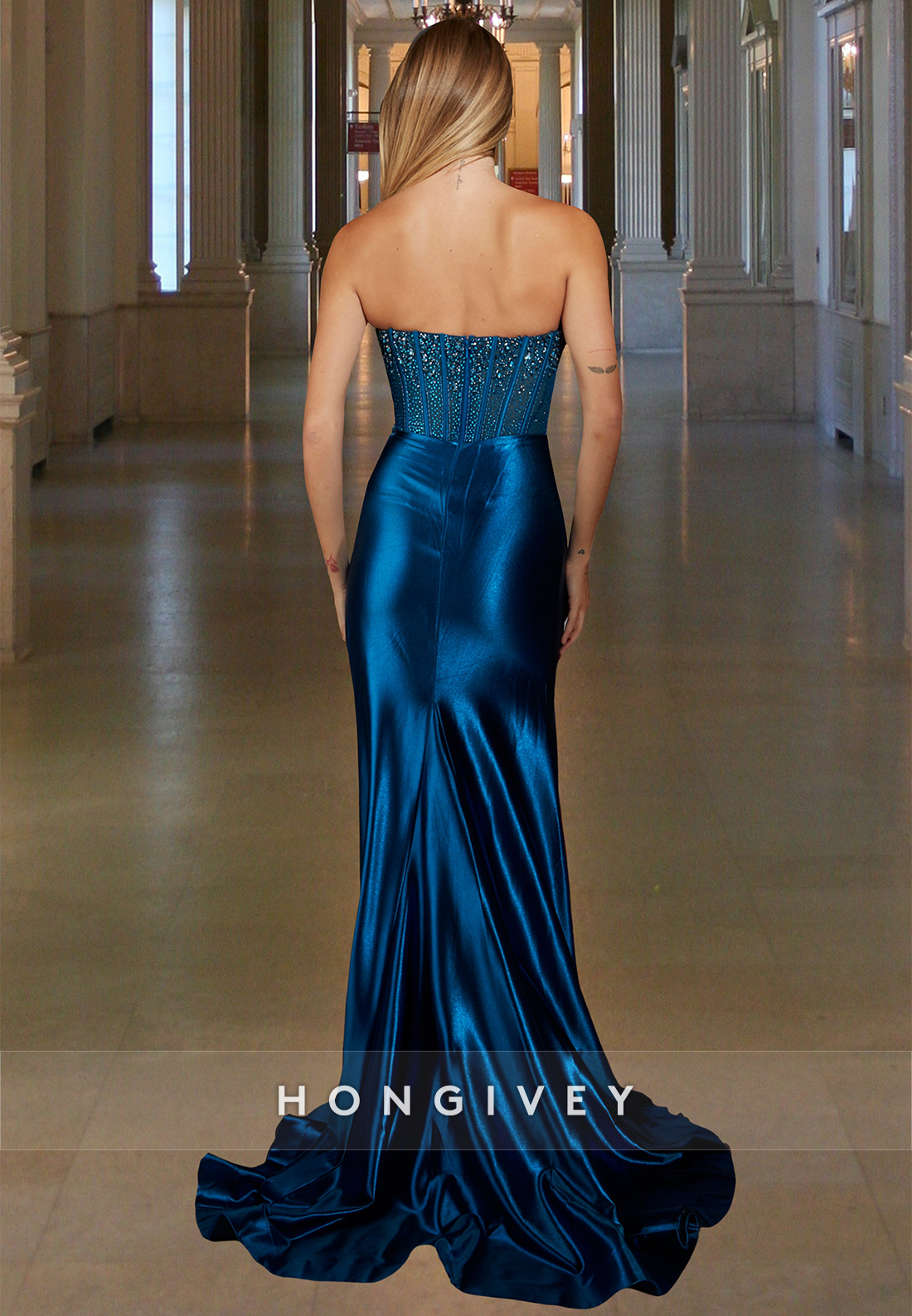 Sexy Blue Strapless Beaded With Slit Sheath Evening Dress Fomal Gown