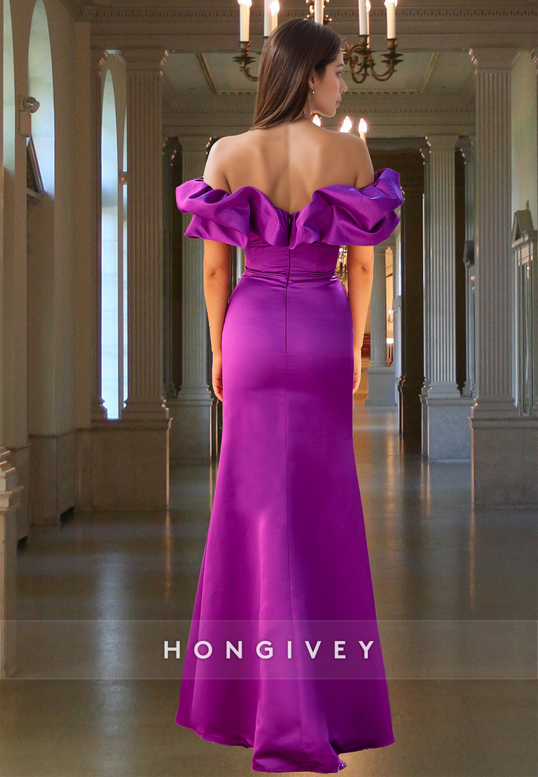 Elegant Purple Ruffles Ruched Offshoulder Sheath Satin Formal Evening Dress