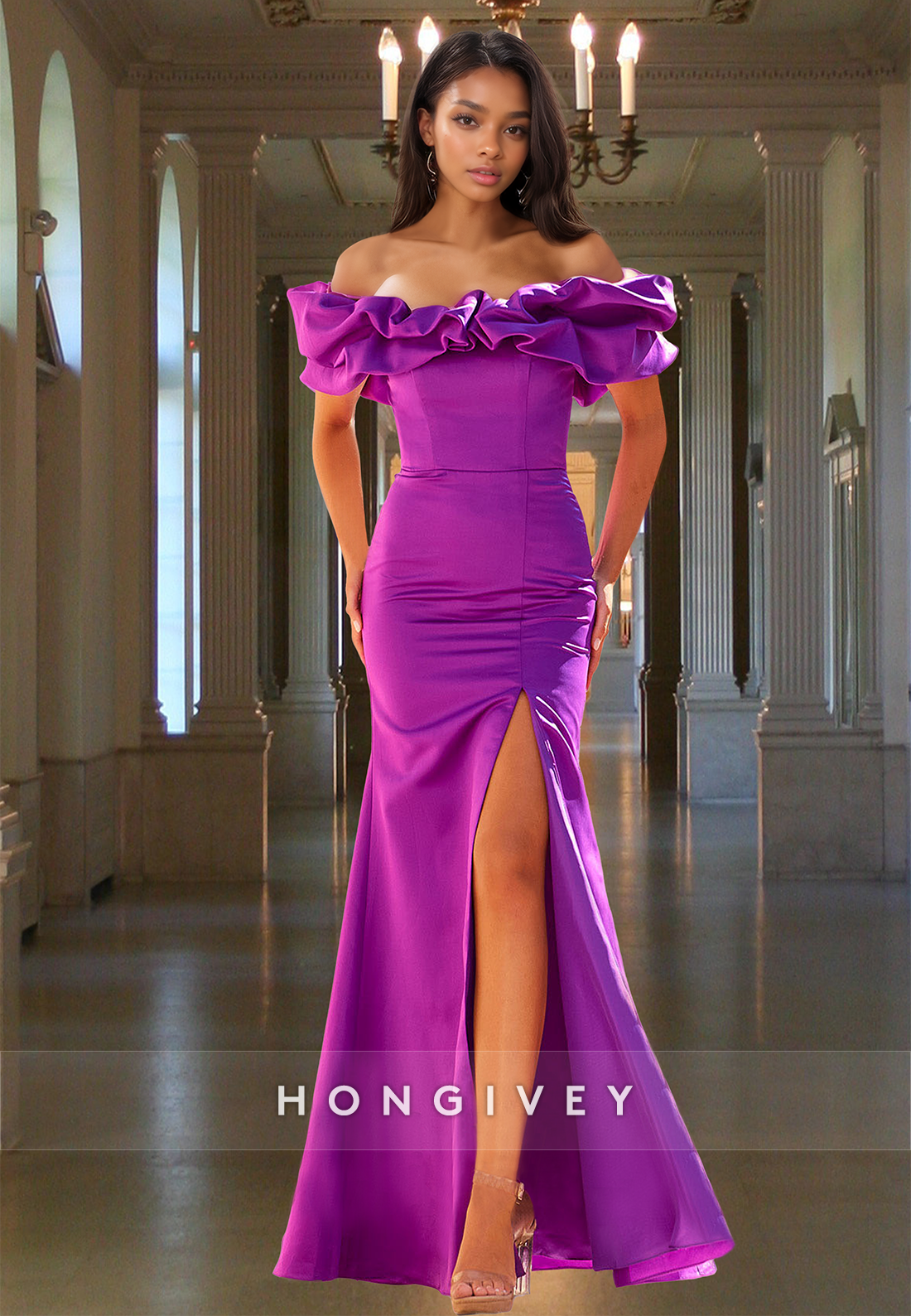 Elegant Purple Ruffles Ruched Offshoulder Sheath Satin Formal Evening Dress