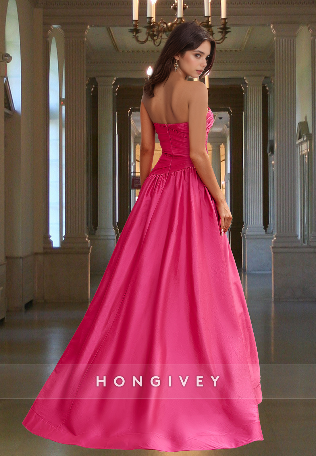 Chic Simple Pink Strapless Asymmetrical Satin Aline Formal Evening Dress