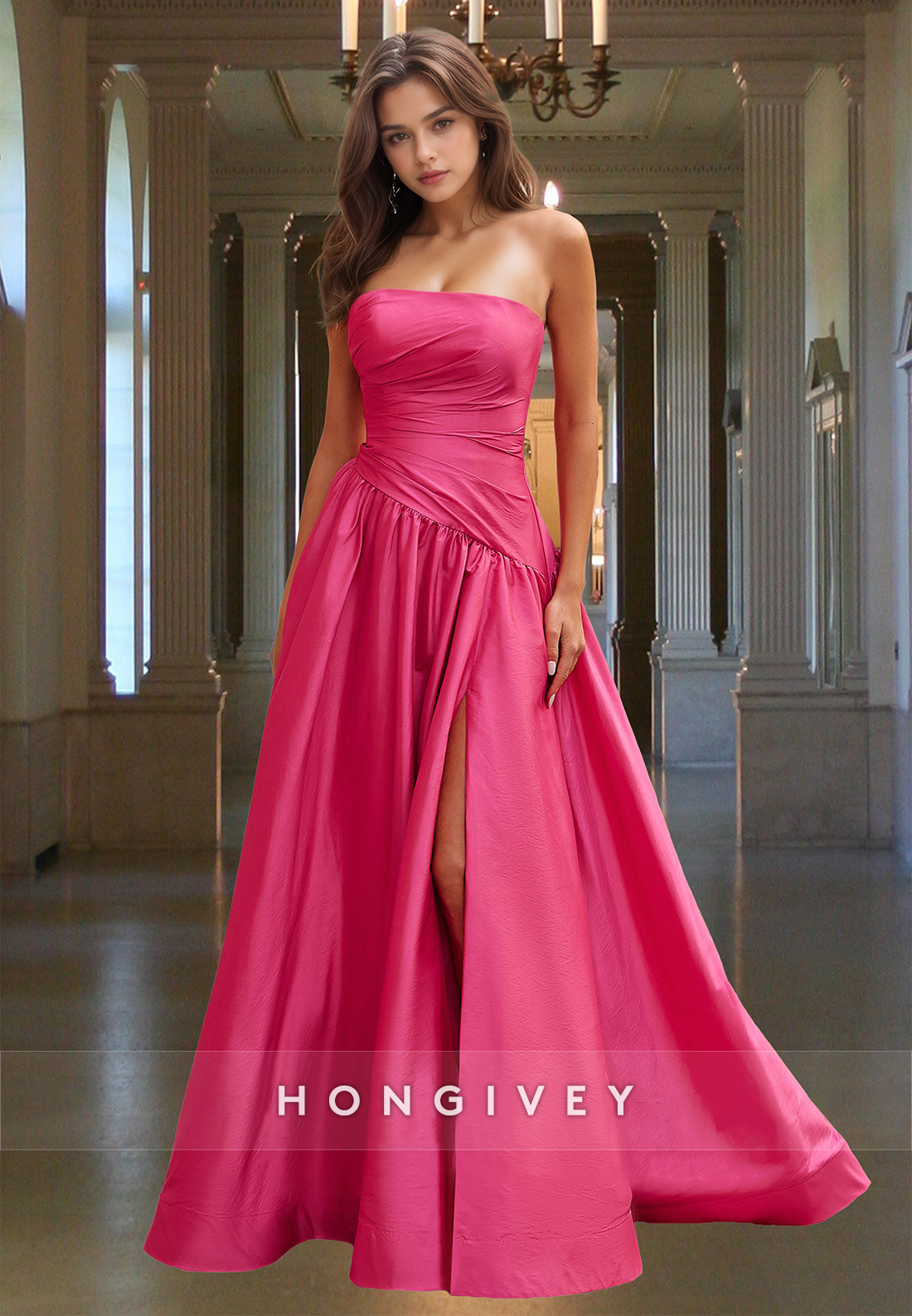 Chic Simple Pink Strapless Asymmetrical Satin Aline Formal Evening Dress