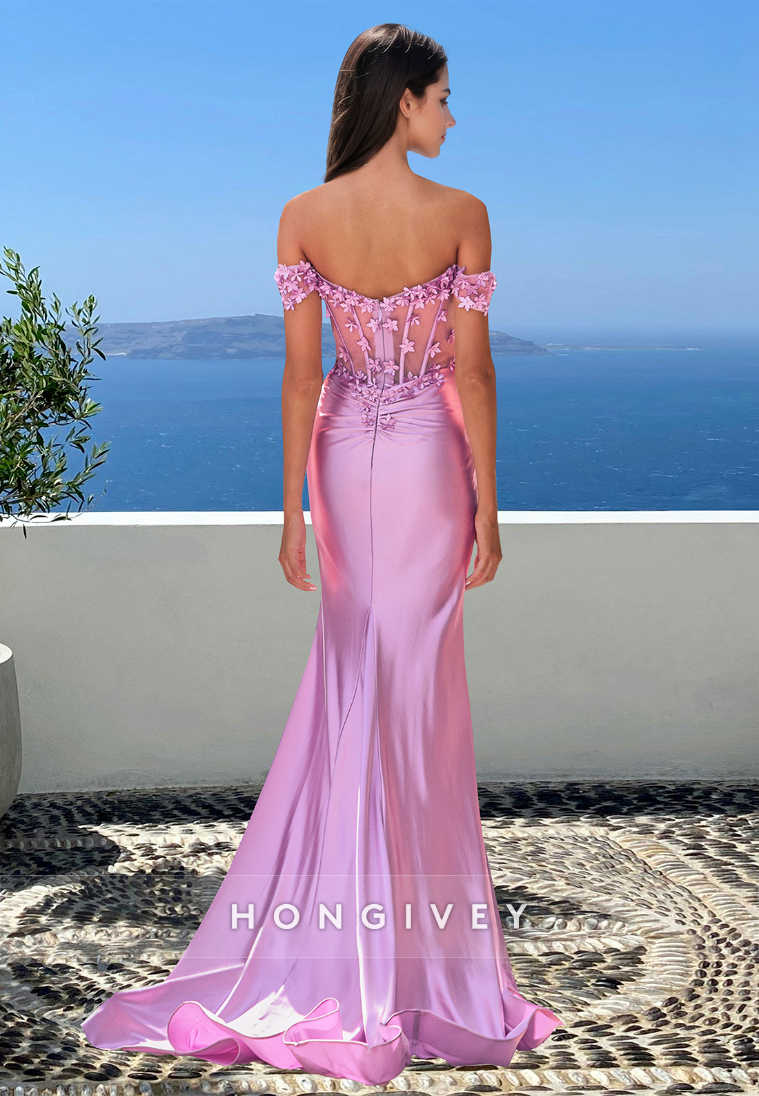 Floral Offshoulder Ruched Sheer Trumpet With Slit Spring Formal Evening Dress