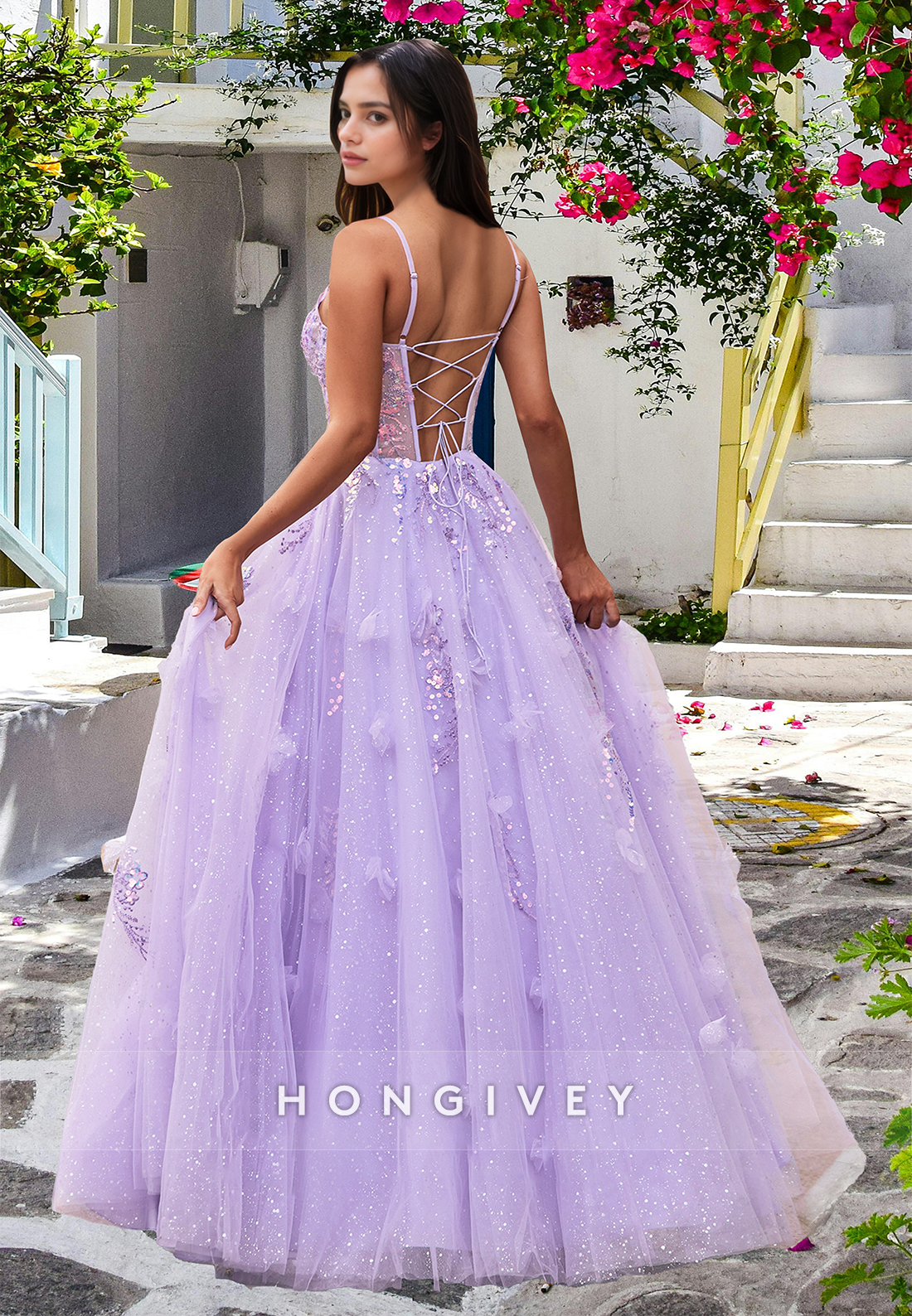 Spring Floral Lilac Spaghetti Straps Tulle Aline Homecoming Prom Dress Ball Gown