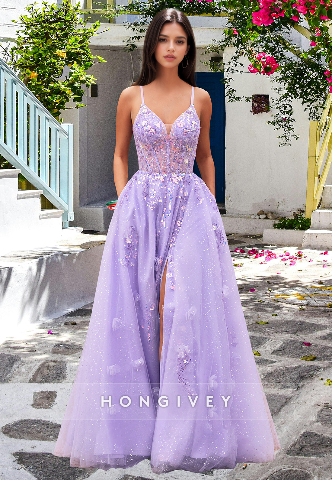 Spring Floral Lilac Spaghetti Straps Tulle Aline Homecoming Prom Dress Ball Gown