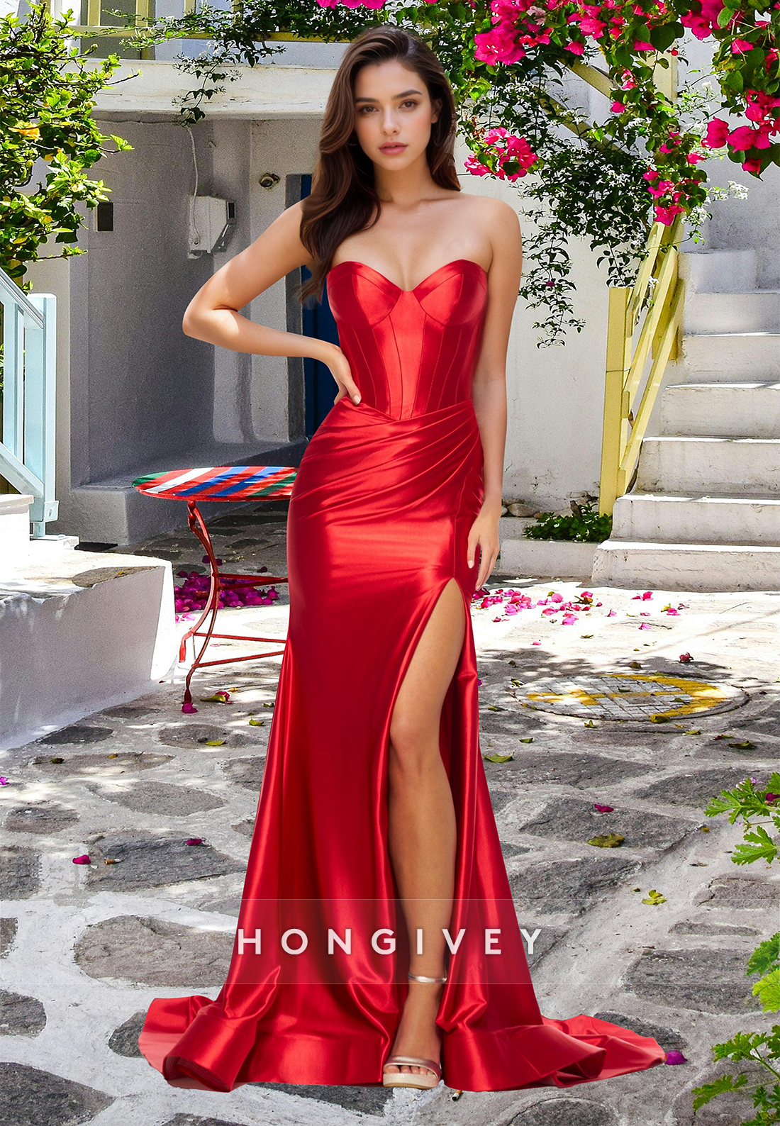 Classic Sweetheart Strapless Empire With Slit Sheath Formal Evening Dress