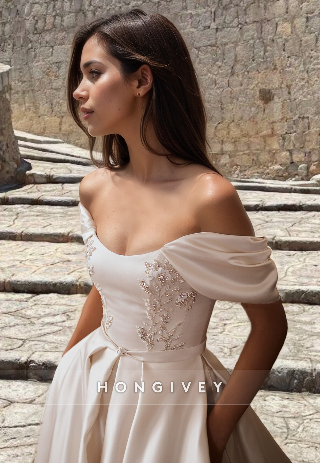 Sexy Satin Aline Offshoulder Empire Beaded Embroidery With Pockets Train Wedding Dress