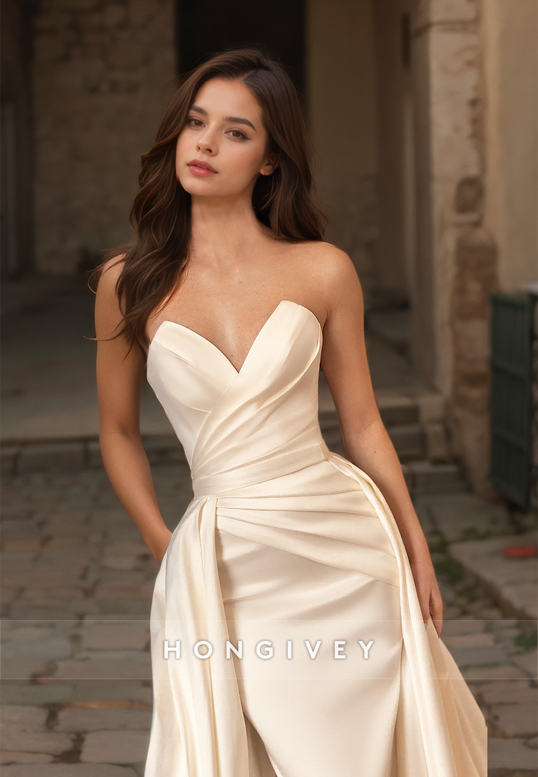 Sexy Satin Aline Sweetheart Sleeveless Empire Ruched With Overskirt Train Wedding Dress