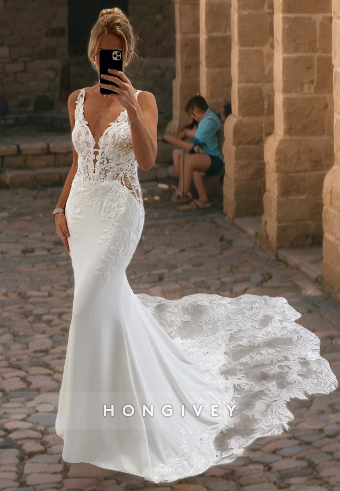 Vneck Spaghetti Straps Lace Applique Trumpet Beach Wedding Dress