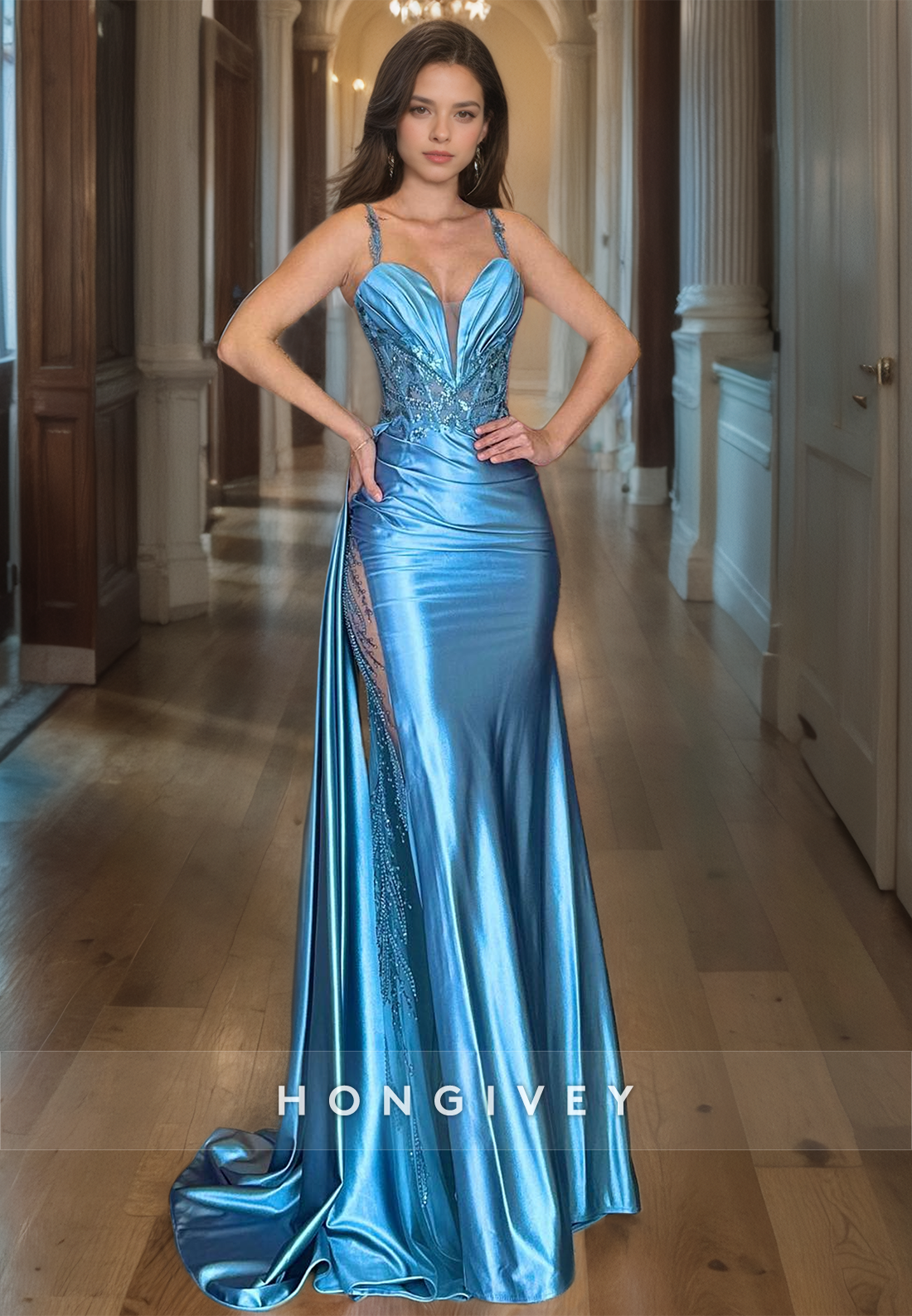 Sexy Satin Fitted Plunging Vneck Spaghetti Straps Empire Ruched With Train Party Prom Evening Dress