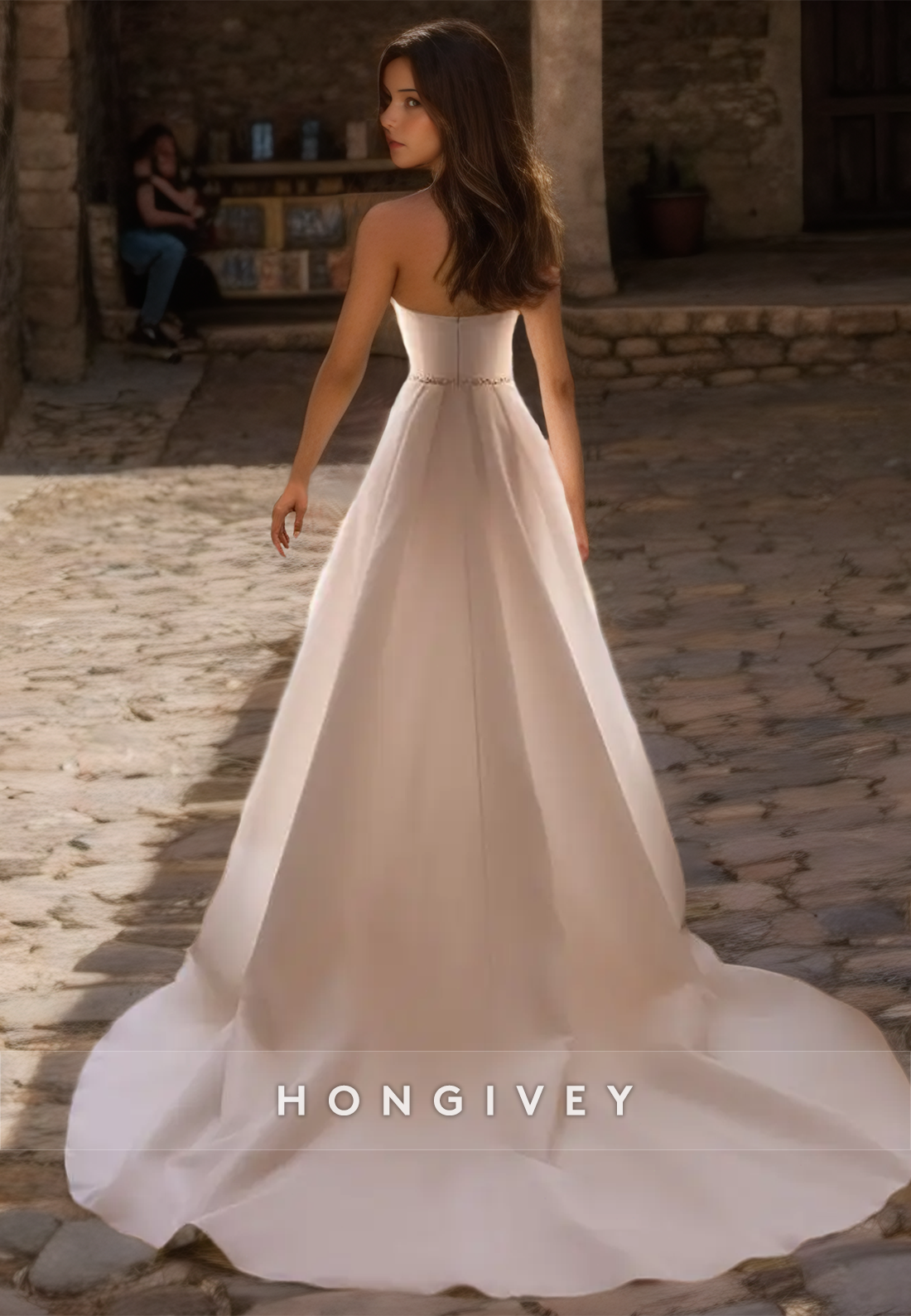 Sexy Satin Aline Strapless Sleeveless Empire With Side Slit Train Wedding Dress