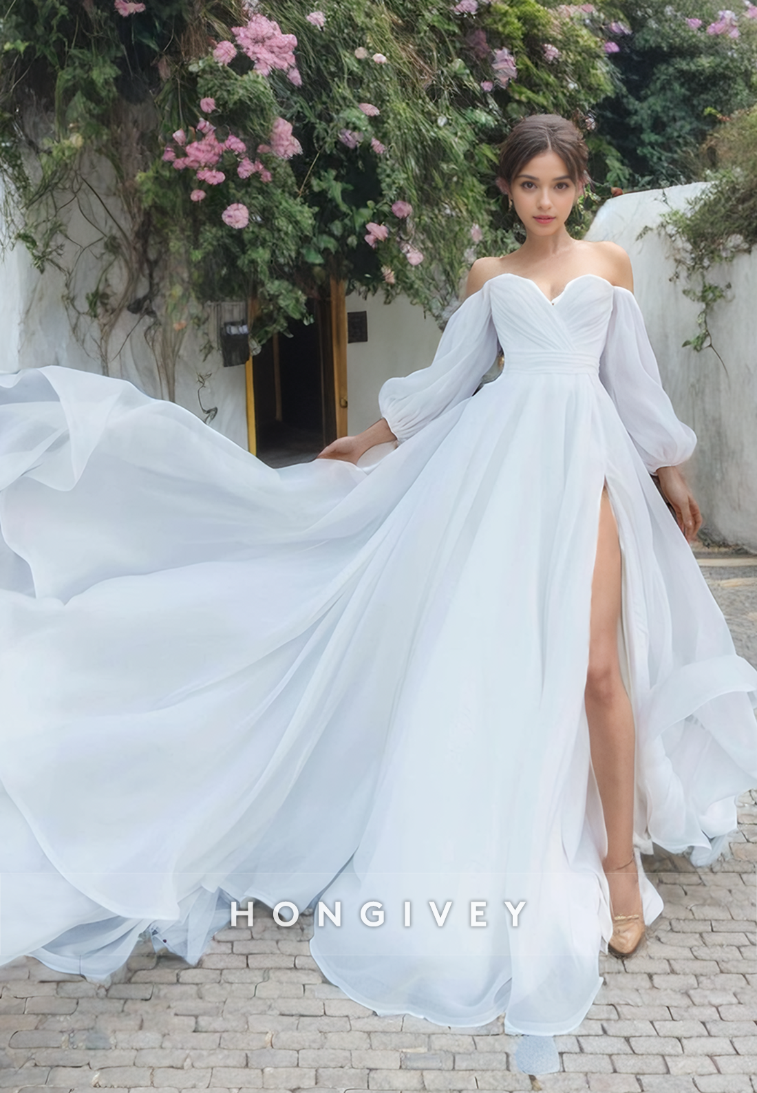 Strapless Long Sleeves Tulle Wedding Dress Sweetheart Aline With Train Bride Gown