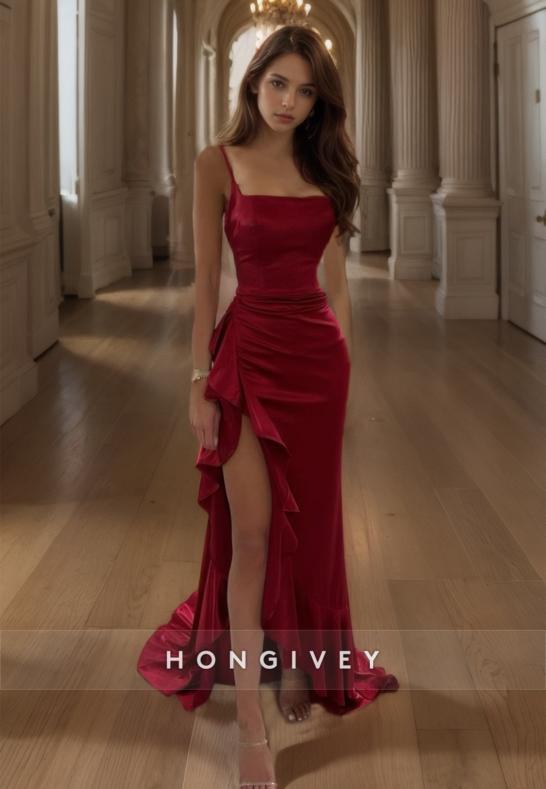 Sexy Claret Sheath Evening Dress With Train Side Slit Straps Satin Party Dress