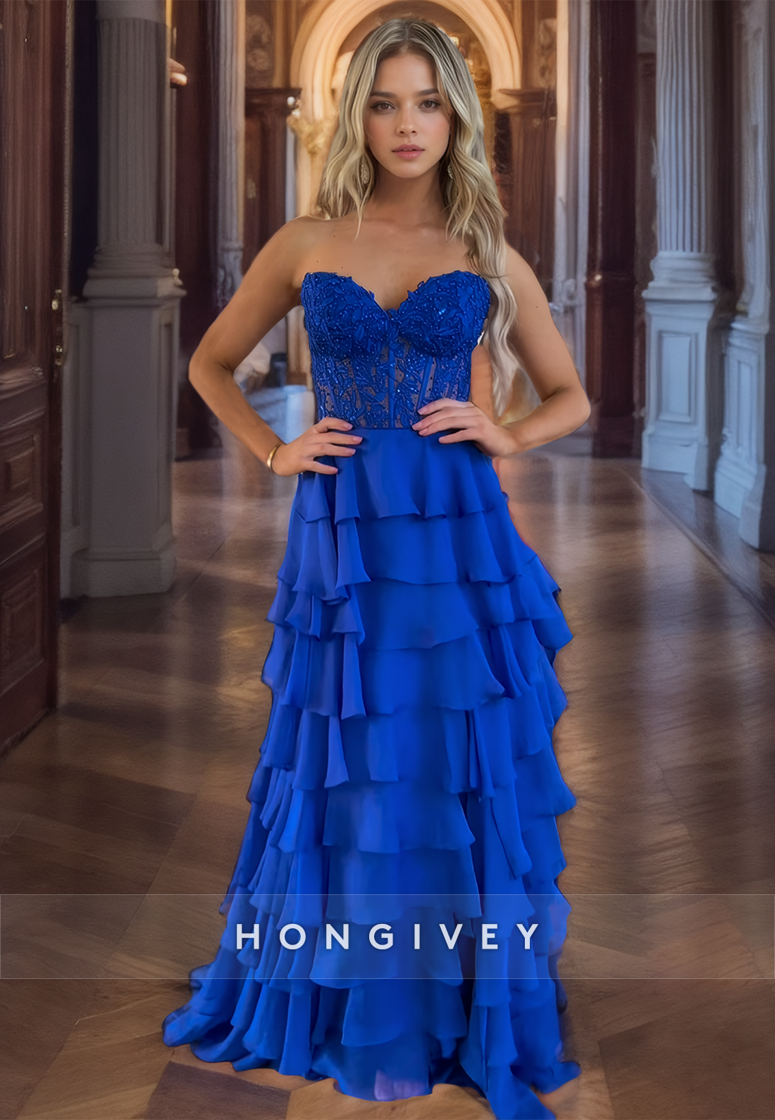 Glitter Tiered Strapless Royal Blue Aline Prom Dress Party Gown Floorlength