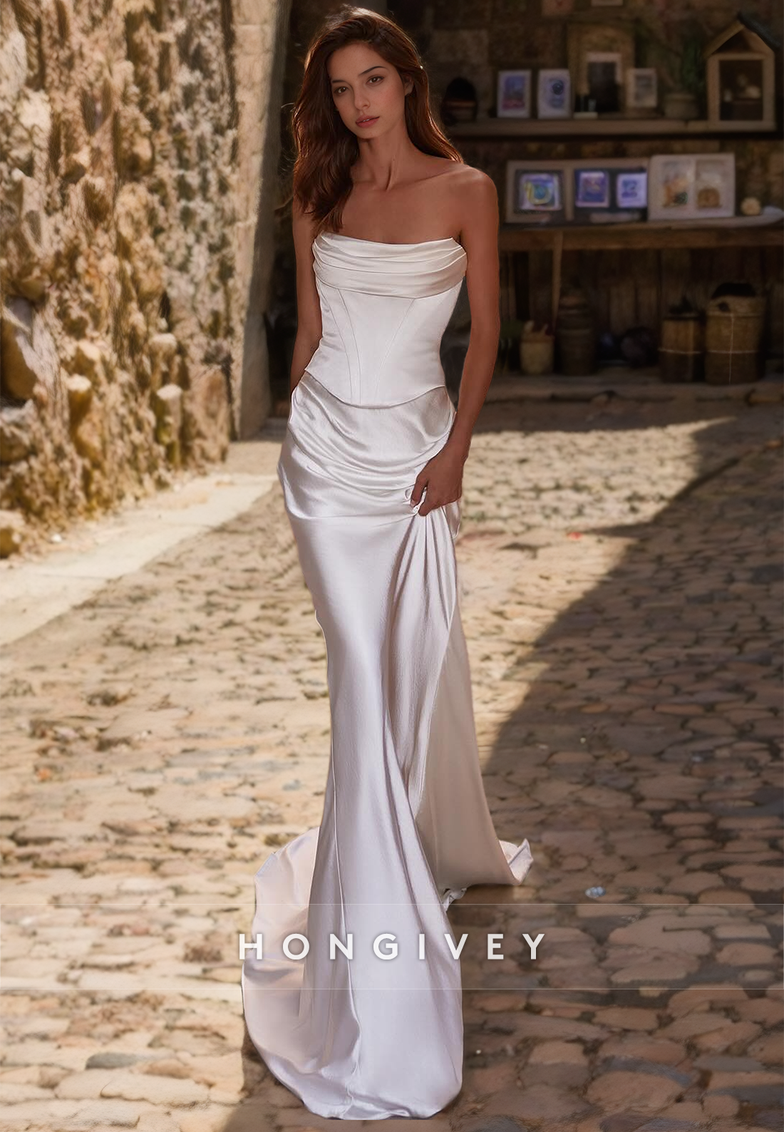 Strapless Satin Mermaid Wedding Dress Side Slit Simple Ruched Bride Gown