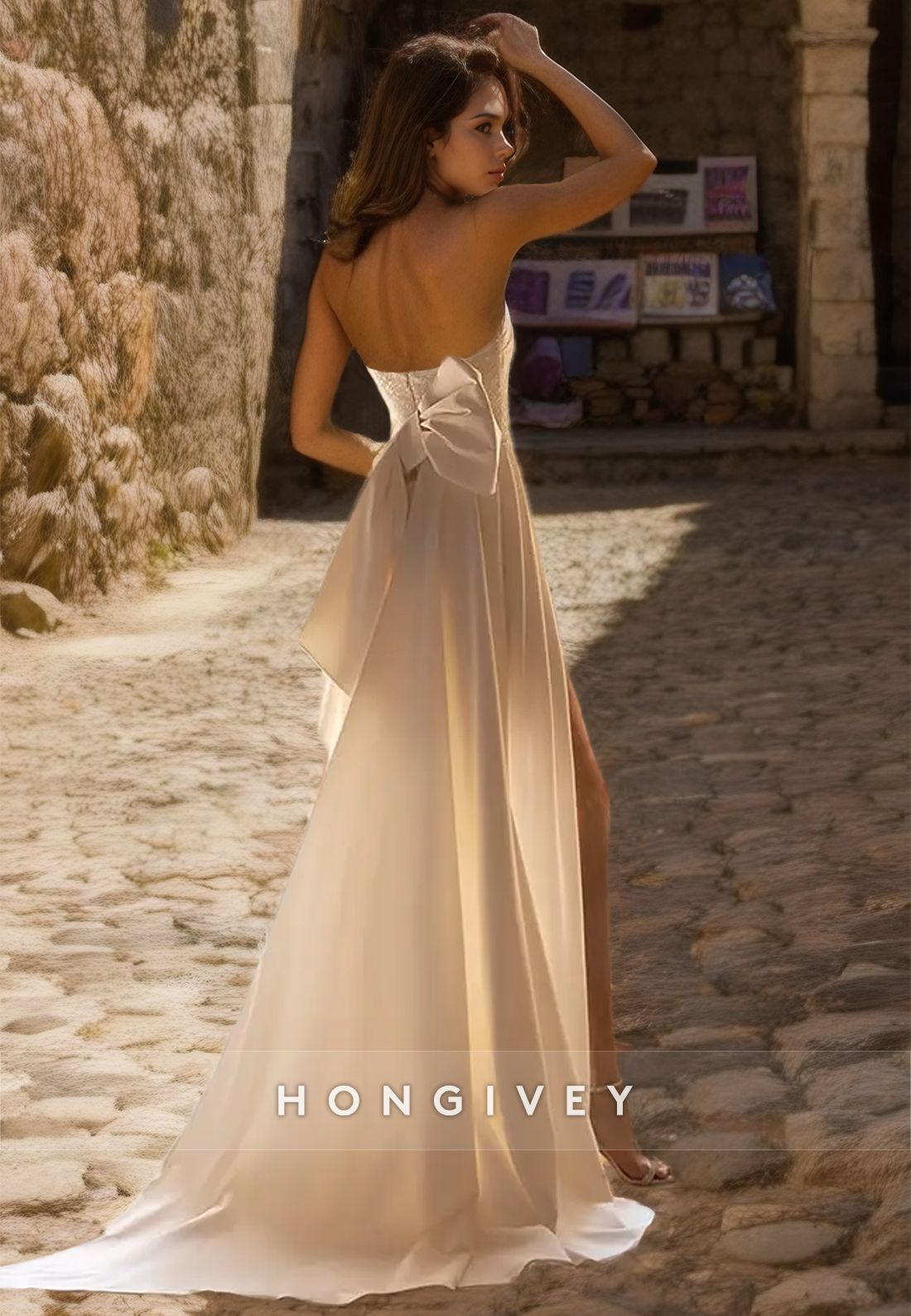 Sexy Satin Aline Sleeveless Strapless Ruched With Side Slit Train Wedding Dress