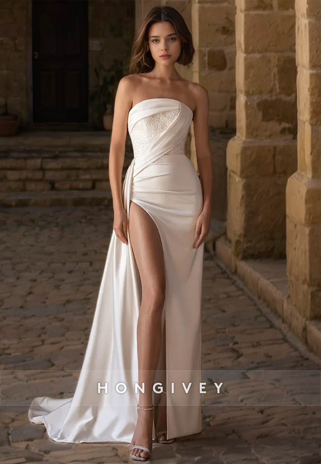 Sexy Satin Aline Sleeveless Strapless Ruched With Side Slit Train Wedding Dress