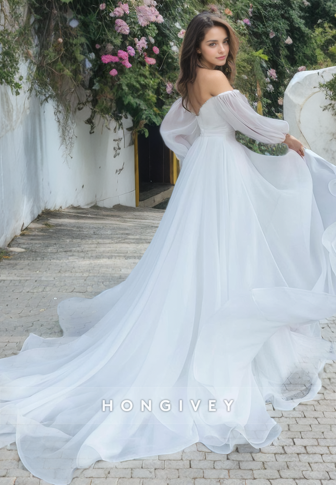 Strapless Long Sleeves Tulle Wedding Dress Sweetheart Aline With Train Bride Gown